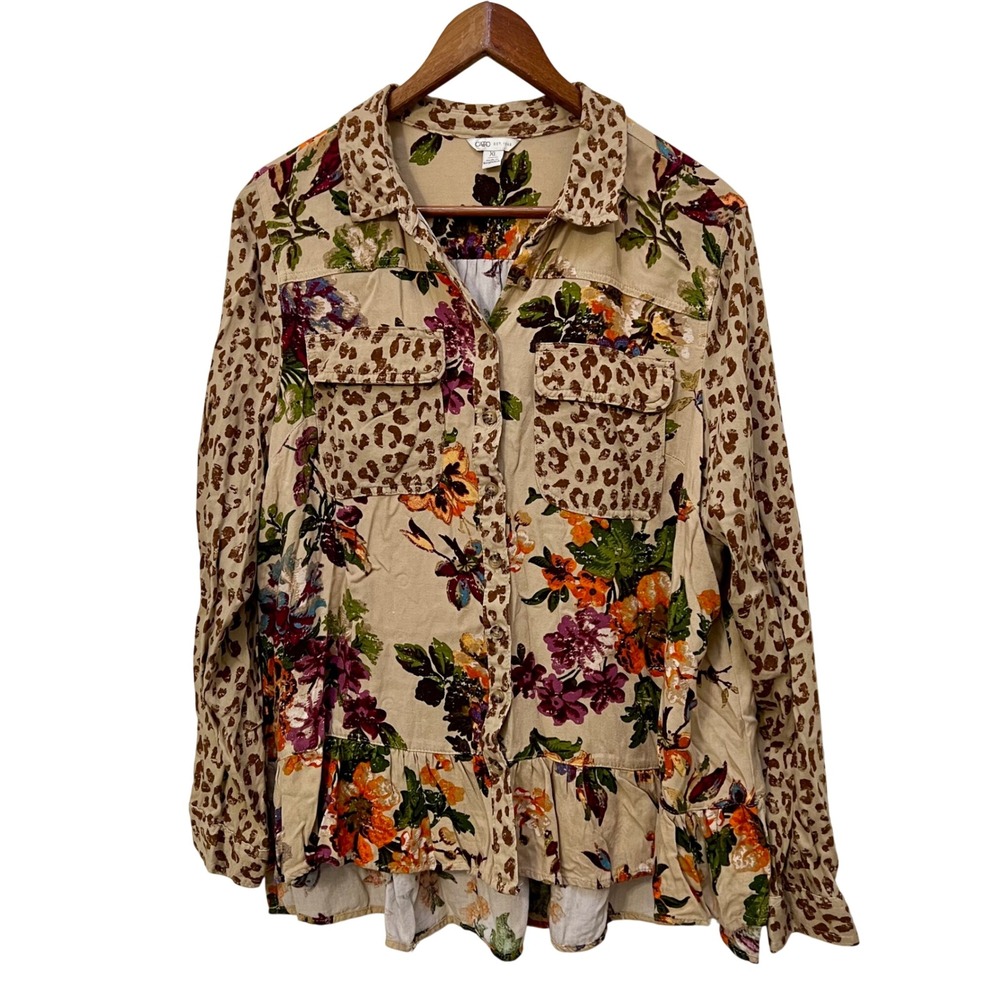 Cato Womens XL Floral Leopard Print Peplum Button Up Blouse Tan Maximalist Boho